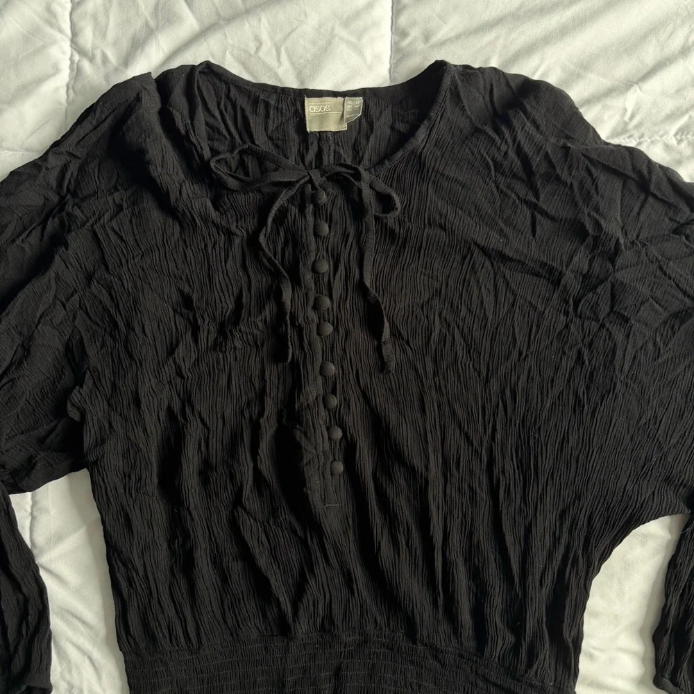 ASOS Black Crinkle Swim Cover Up Dress with Smocked Waist and Ties - Picture 5 of 9